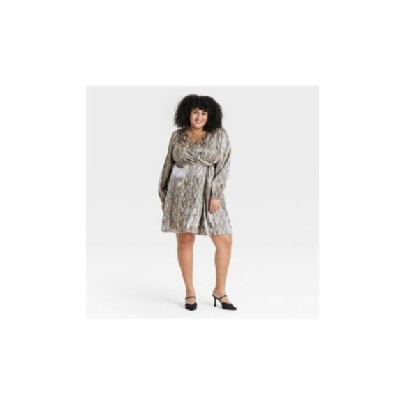 Ava & Viv - Women's Balloon Long Sleeve Midi Wrap Dress - Ava Tan - Picture 1 of 7